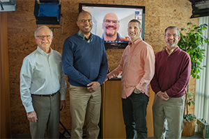 From left to right: Dr. Ben Fraser, Sam Hodges, Dr. Tim Muehlhoff (on screen), Brad Hambrick, and Dr. Jeff Forrey